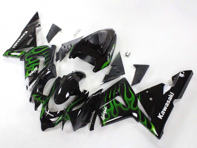 2004-2005 Black with Green Flame Ninja Kawasaki ZX10R Motorcycle Fairings