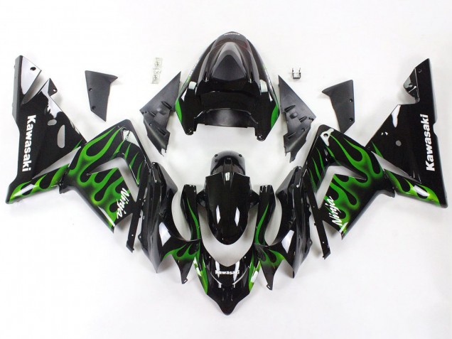 2004-2005 Black with Green Flame Ninja Kawasaki ZX10R Motorcycle Fairings