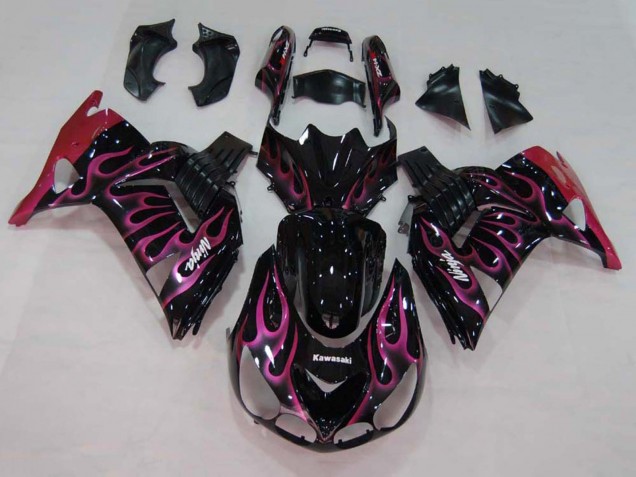 2006-2011 Glossy Black Red Pink Flame Kawasaki ZX14R ZZR1400 Motorcycle Fairings