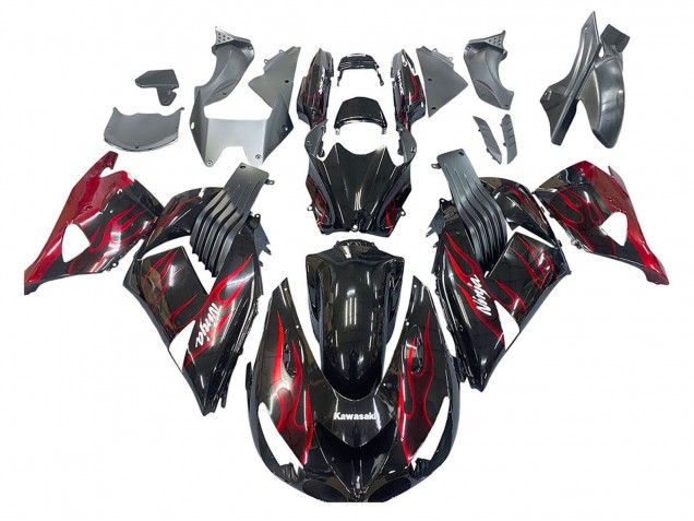 2006-2011 Glossy Black Red Flame Kawasaki ZX14R ZZR1400 Motorcycle Fairing Kits