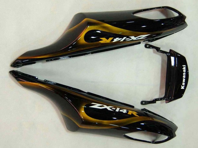 2006-2011 Glossy Black Gold Flame Kawasaki ZX14R ZZR1400 Motorcycle Fairings