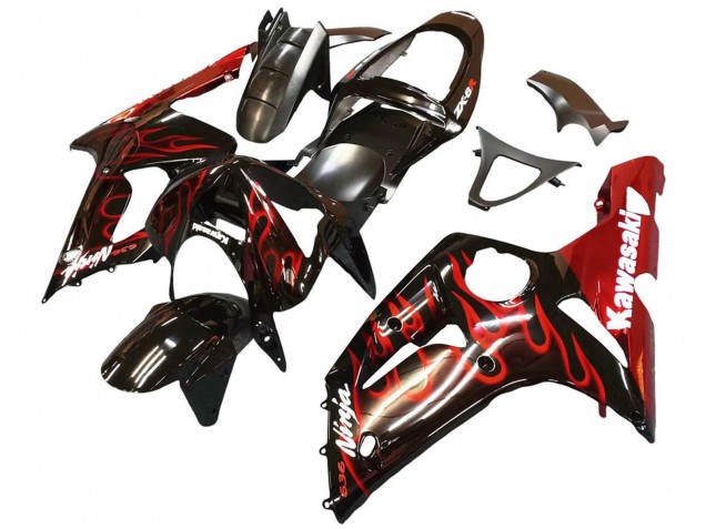 2003-2004 Glossy Black Red Flame Kawasaki ZX6R Motorcycle Fairings