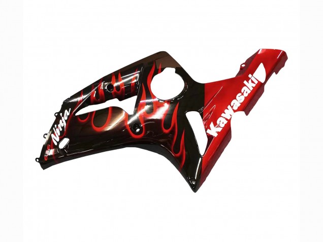 2003-2004 Glossy Black Red Flame Kawasaki ZX6R Motorcycle Fairings