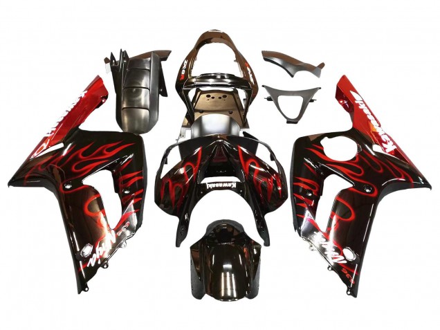 2003-2004 Glossy Black Red Flame Kawasaki ZX6R Motorcycle Fairings