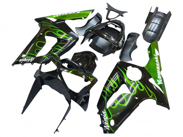 2003-2004 Glossy Black Green Flame Kawasaki ZX6R Motorcycle Fairings