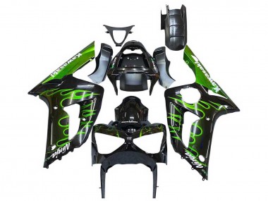 2003-2004 Glossy Black Green Flame Kawasaki ZX6R Motorcycle Fairings