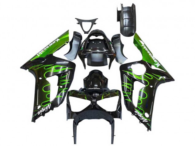 2003-2004 Glossy Black Green Flame Kawasaki ZX6R Motorcycle Fairings