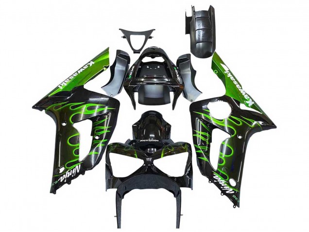 2003-2004 Glossy Black Green Flame Kawasaki ZX6R Motorcycle Fairings