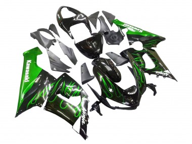 2005-2006 Glossy Black Green Flame Kawasaki ZX6R Motorcycle Fairing