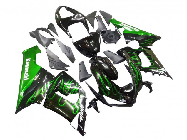 2005-2006 Glossy Black Green Flame Kawasaki ZX6R Motorcycle Fairing
