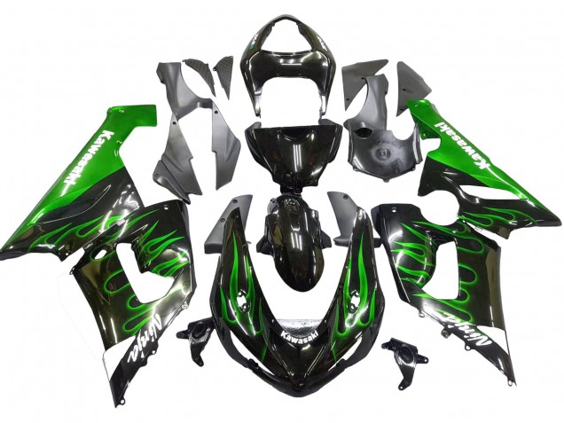 2005-2006 Glossy Black Green Flame Kawasaki ZX6R Motorcycle Fairing
