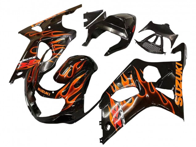 2000-2002 Glossy Black Orange Flame Suzuki GSXR1000 Motorcycle Fairings