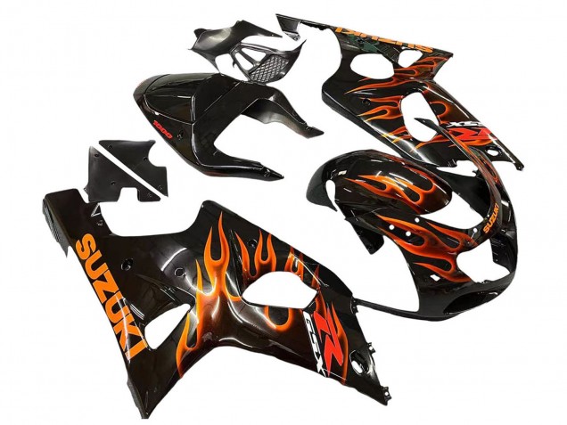 2000-2002 Glossy Black Orange Flame Suzuki GSXR1000 Motorcycle Fairings