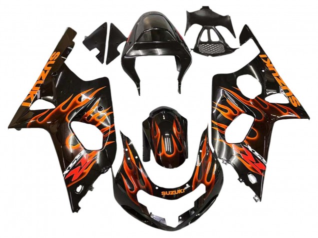 2000-2002 Glossy Black Orange Flame Suzuki GSXR1000 Motorcycle Fairings