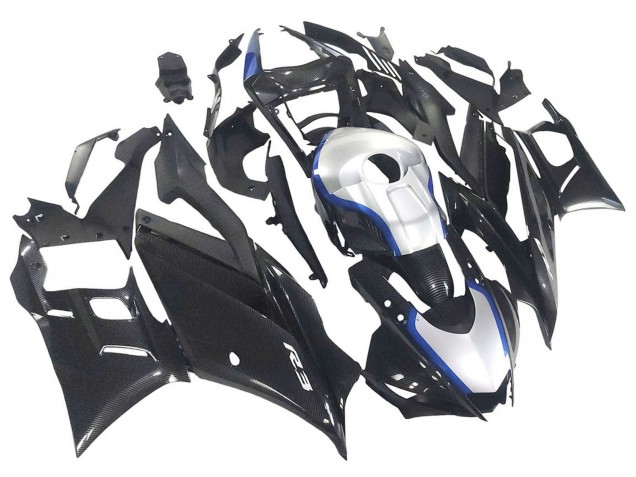 2022-2024 Black Carbon Fiber Style Silver Blue Yamaha YZF R3/R25 Motorcycle Fairings
