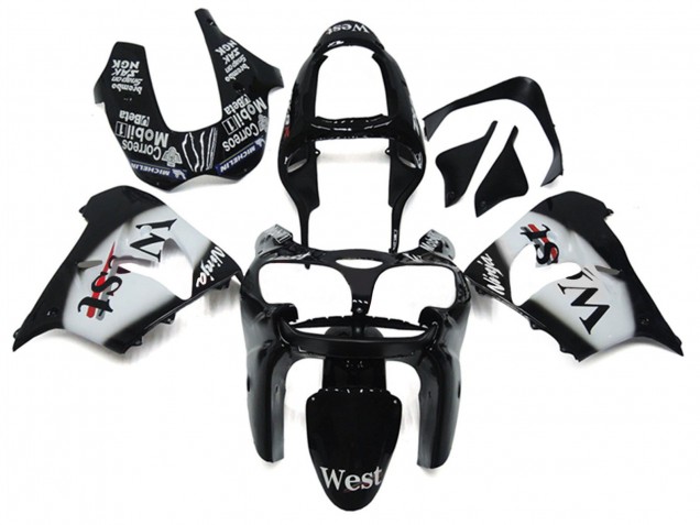 2002-2003 Glossy Black White West Kawasaki ZX9R Motorcycle Fairings