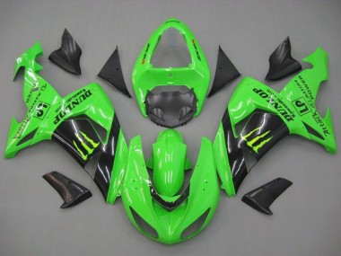 2006-2007 Green Glossy Black Monster Dunlop Kawasaki ZX10R Motorcycle Fairings