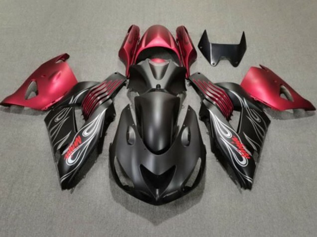 2006-2011 Matte Black Red Silver Flame Kawasaki ZX14R ZZR1400 Motorcycle Fairings