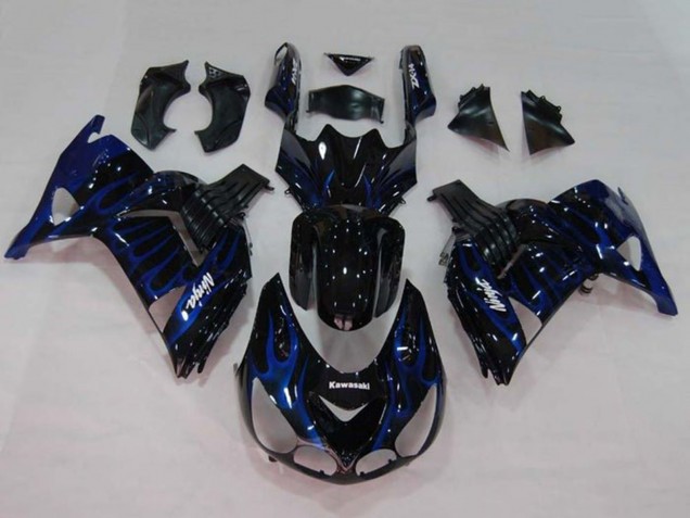 2006-2011 Glossy Black Blue Flame Kawasaki ZX14R ZZR1400 Motorcycle Fairings