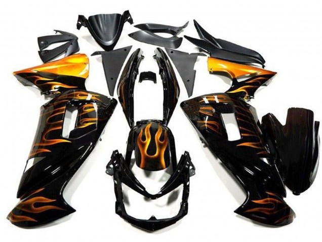 2006-2008 Glossy Black Gold Flame Kawasaki Ninja 650 EX650 Motorcycle Fairings