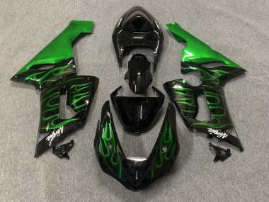 2005-2006 Glossy Black Green Flame Kawasaki ZX6R Motorcycle Fairings