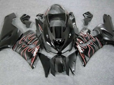 2005-2006 Glossy Black Red White Flame Kawasaki ZX6R Motorcycle Fairings