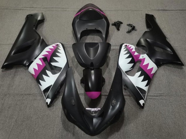 2005-2006 Matte Black White Pink Shark Kawasaki ZX6R Motorcycle Fairings