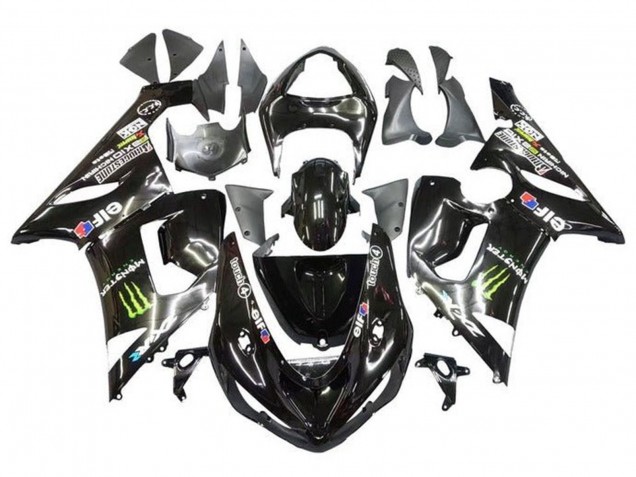 2005-2006 Glossy Black Yellow Monster Kawasaki ZX6R Motorcycle Fairings