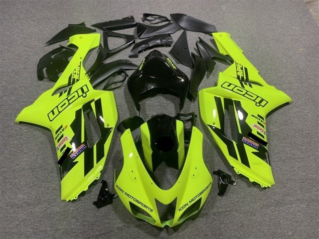 2007-2008 Neon Yellow Black Icon Kawasaki ZX6R Motorcycle Fairings