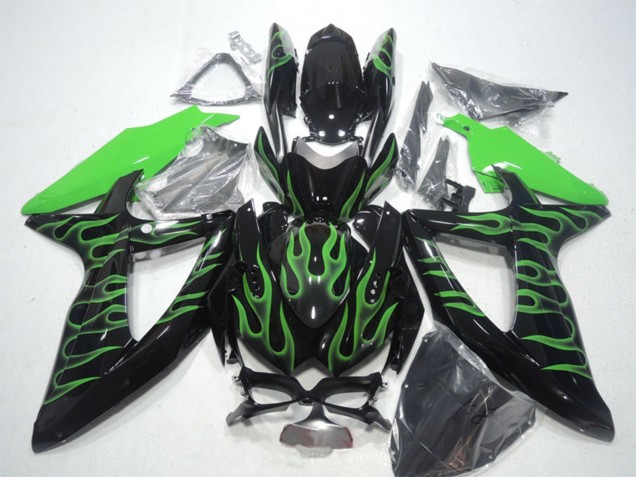 2008-2010 Glossy Black Green Flame Suzuki GSXR 600 Motorcycle Fairings
