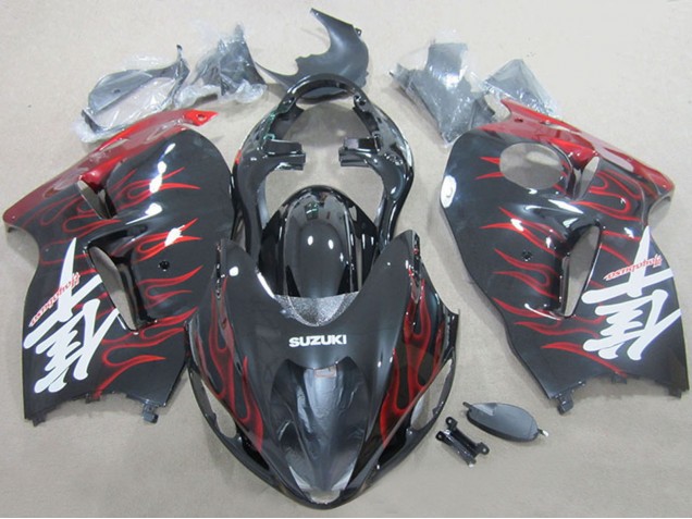 1996-2007 Black Red Flame Suzuki GSXR 1300 Hayabusa Motorcycle Fairings