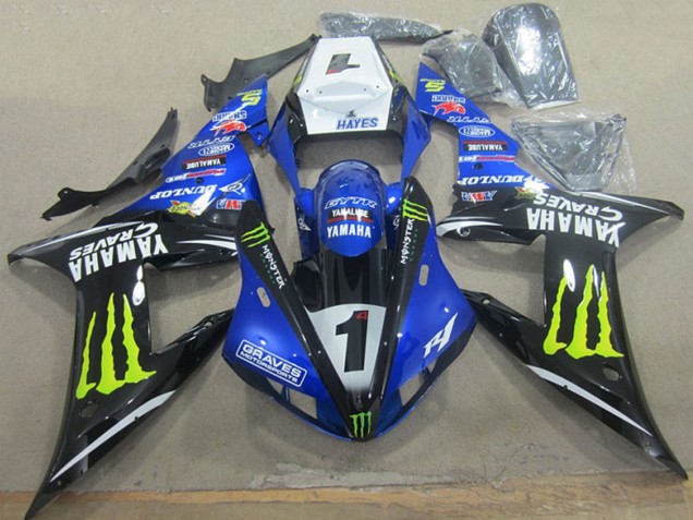 2002-2003 White Blue Black Neon Yellow Monster Graves 1 Yamaha YZF R1 Motorcycle Fairings