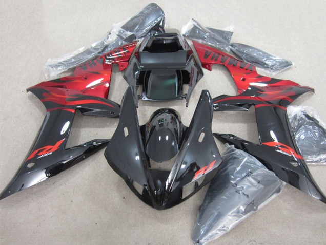 2002-2003 Glossy Black Red Flame Yamaha YZF R1 Motorcycle Fairings