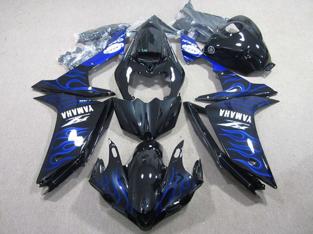 2007-2008 Glossy Black Blue Flame Yamaha YZF R1 Motorcycle Fairings