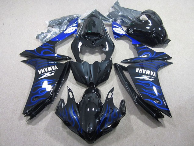 2007-2008 Glossy Black Blue Flame Yamaha YZF R1 Motorcycle Fairings