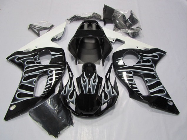 1998-2002 Glossy Black White Flame Yamaha YZF R6 Motorcycle Fairings