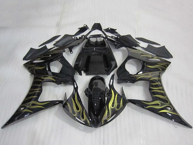 2003-2004 Glossy Black Gold Flame Yamaha YZF R6 Motorcycle Fairings