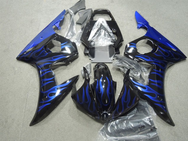 2003-2004 Glossy Black Blue Flame Yamaha YZF R6 Motorcycle Fairings
