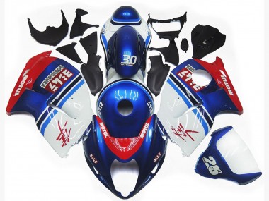 Aftermarket 1997-2007 Blue and White Custom Logo with Red Suzuki GSXR 1300 Motorcycle Fairings