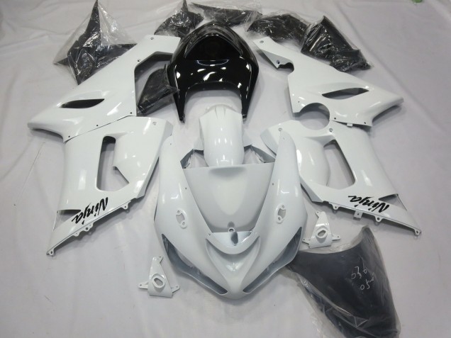 Aftermarket 2005-2006 Gloss White with Black tail Kawasaki ZX6R Motorcycle Fairings Aftermarket 2005-2006 Gloss White with Black tail Kawasaki ZX6R Motorcycle Fairings