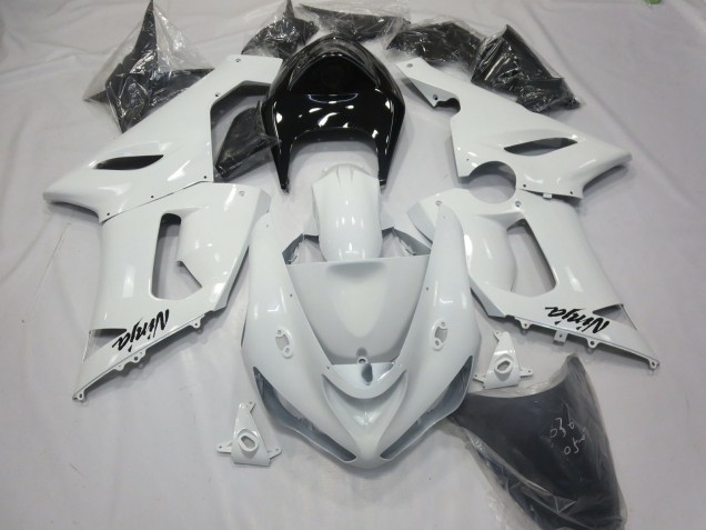 Aftermarket 2005-2006 Gloss White with Black tail Kawasaki ZX6R Fairings