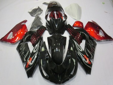 Aftermarket 2006-2011 Black Flame Red Kawasaki ZX14R Motorcycle Fairings