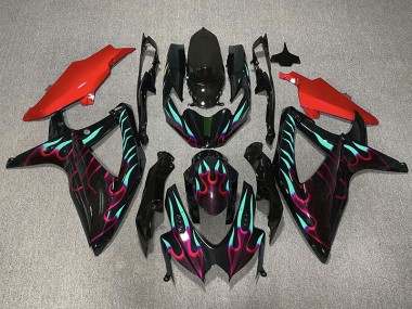 Aftermarket 2008-2010 Red and Cyan Flame Suzuki GSXR 600-750 Motorcycle Fairings