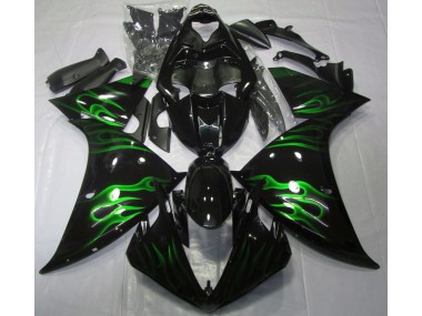 Aftermarket 2009-2012 Black & Green Flame Yamaha R1 Motorcycle Fairings