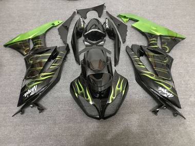 Aftermarket 2009-2012 Gloss Black & Green Flame Kawasaki ZX6R Motorcycle Fairings